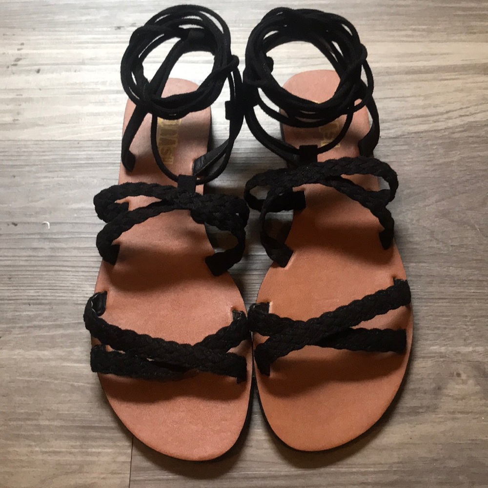 Brash Black Lace Up Sandals Braid Detail Two Strap